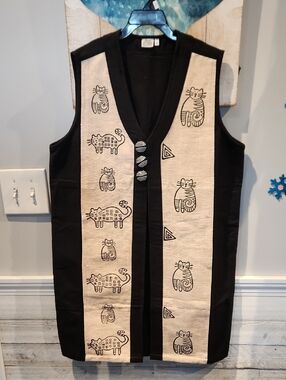 EUC Venus Imports Black & Beige Cat Print Vest Sz XS 100% Cotton